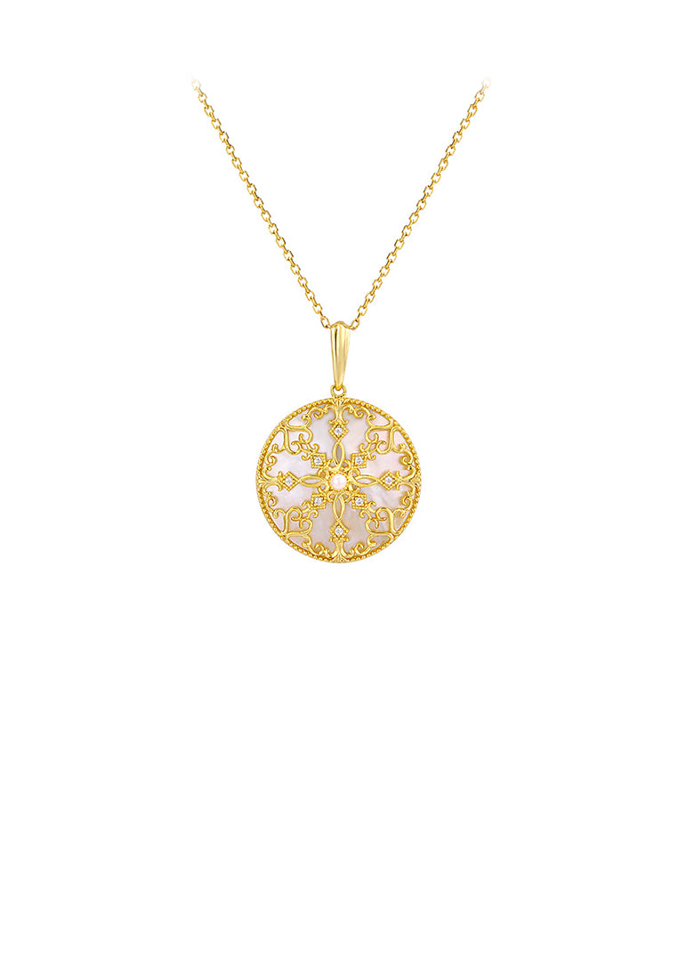 925 Sterling Silver Plated Gold Elegant Vintage Pattern Geometric Round Pendant with Necklace