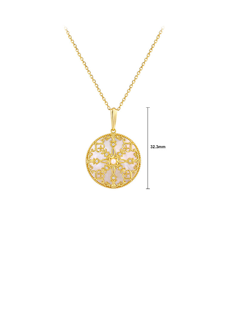 925 Sterling Silver Plated Gold Elegant Vintage Pattern Geometric Round Pendant with Necklace