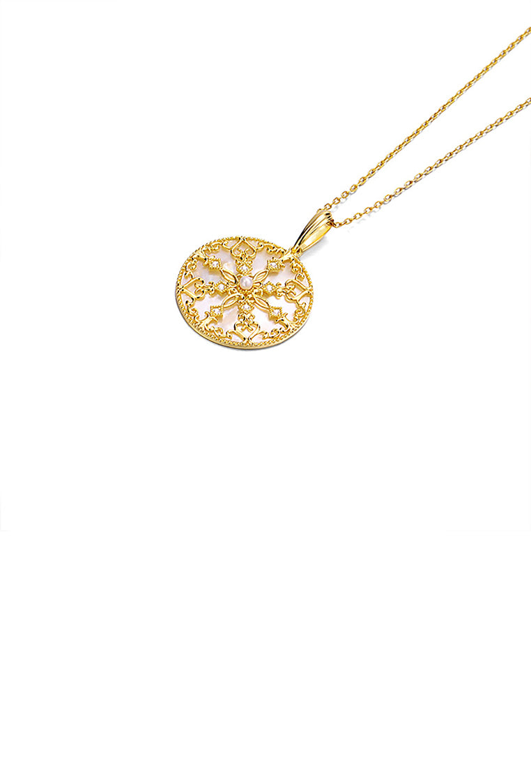 925 Sterling Silver Plated Gold Elegant Vintage Pattern Geometric Round Pendant with Necklace