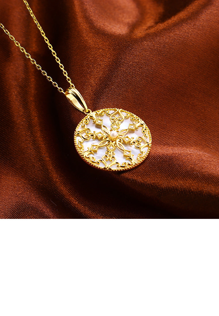 925 Sterling Silver Plated Gold Elegant Vintage Pattern Geometric Round Pendant with Necklace