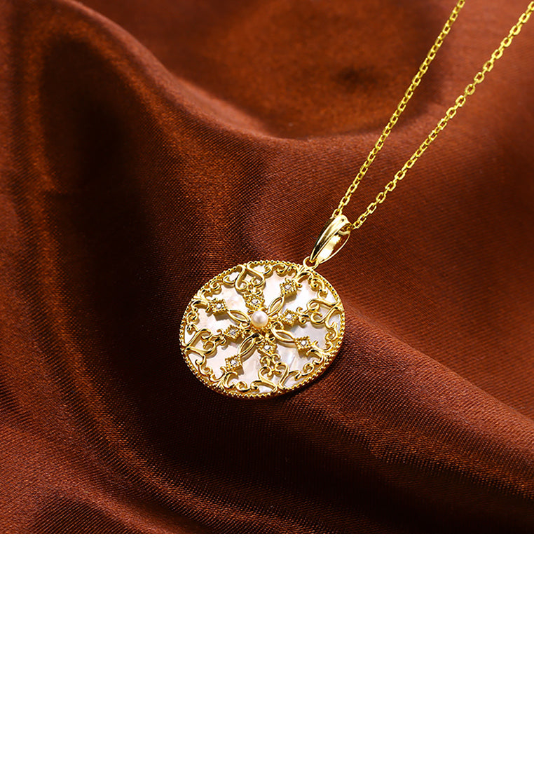 925 Sterling Silver Plated Gold Elegant Vintage Pattern Geometric Round Pendant with Necklace