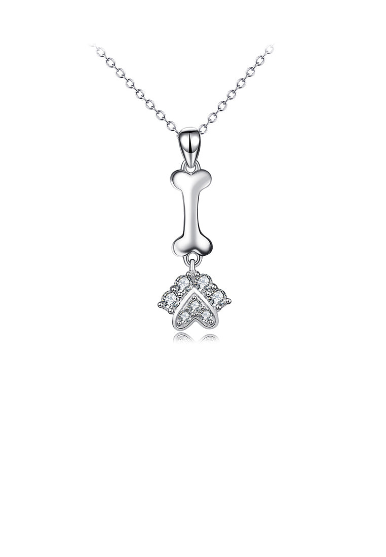 925 Sterling Silver Simple Cute Dog Paw Bone Pendant with Cubic Zirconia and Necklace - Luxurious Look