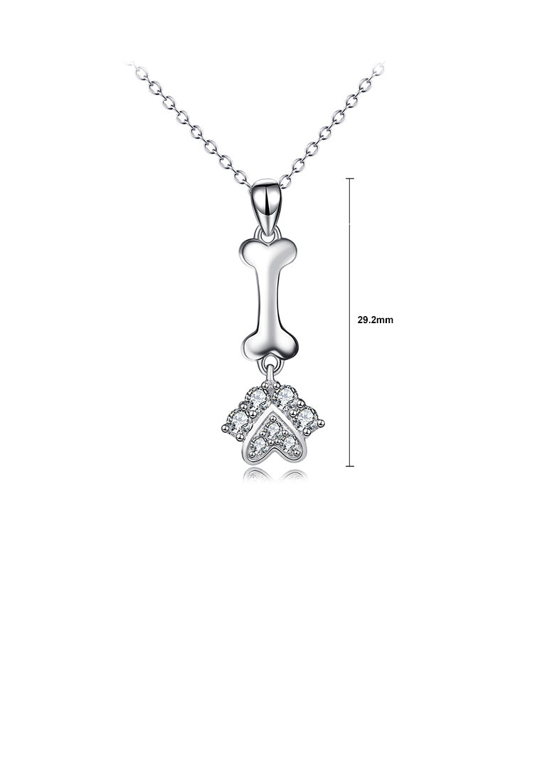 925 Sterling Silver Simple Cute Dog Paw Bone Pendant with Cubic Zirconia and Necklace - Luxurious Look