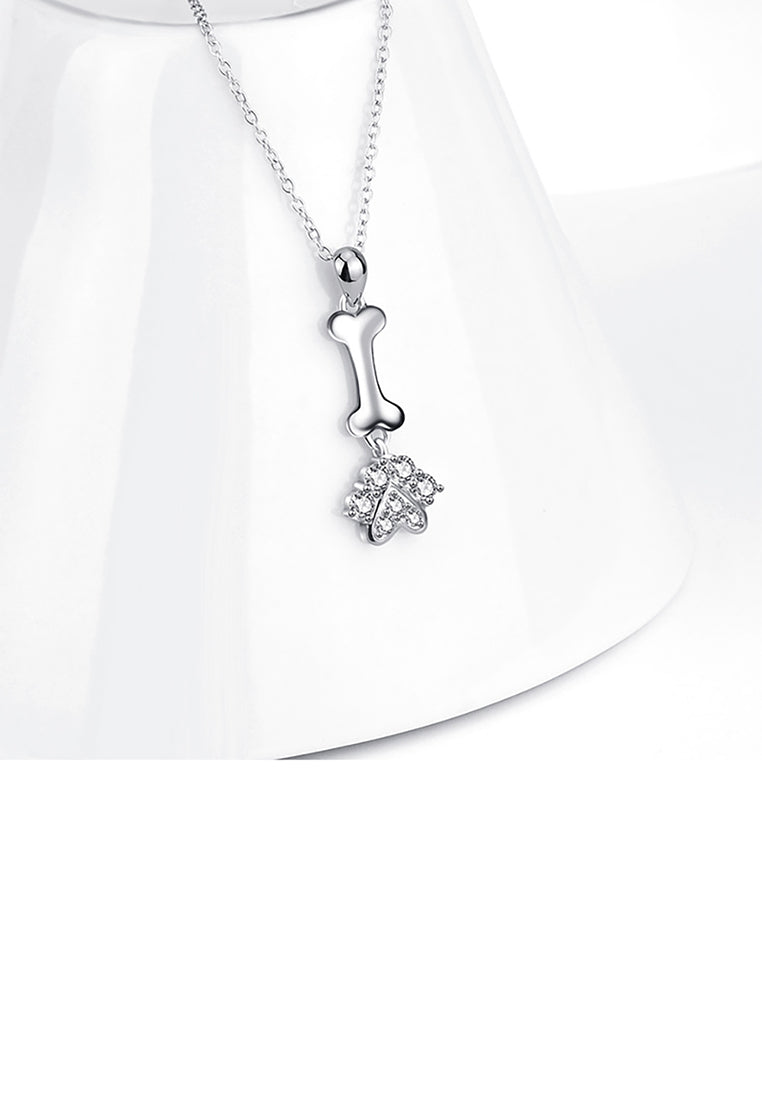 925 Sterling Silver Simple Cute Dog Paw Bone Pendant with Cubic Zirconia and Necklace - Luxurious Look