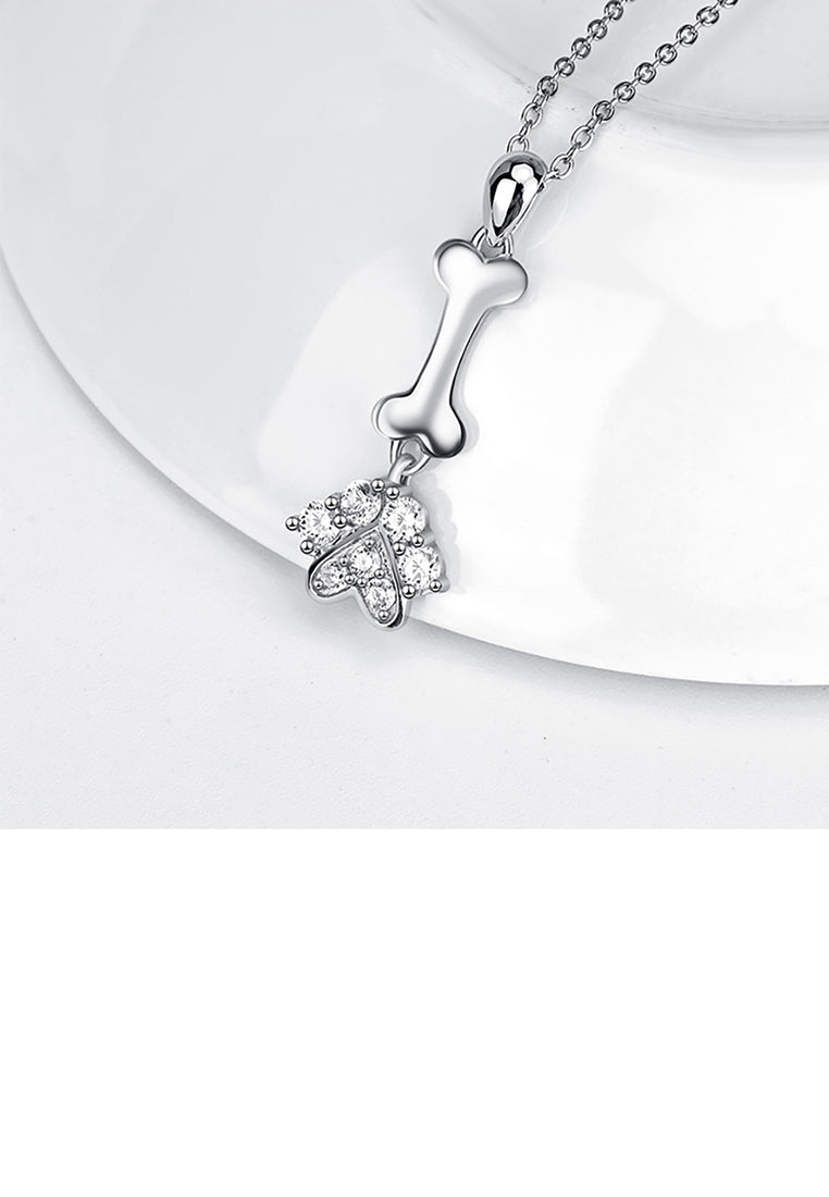 925 Sterling Silver Simple Cute Dog Paw Bone Pendant with Cubic Zirconia and Necklace - Luxurious Look