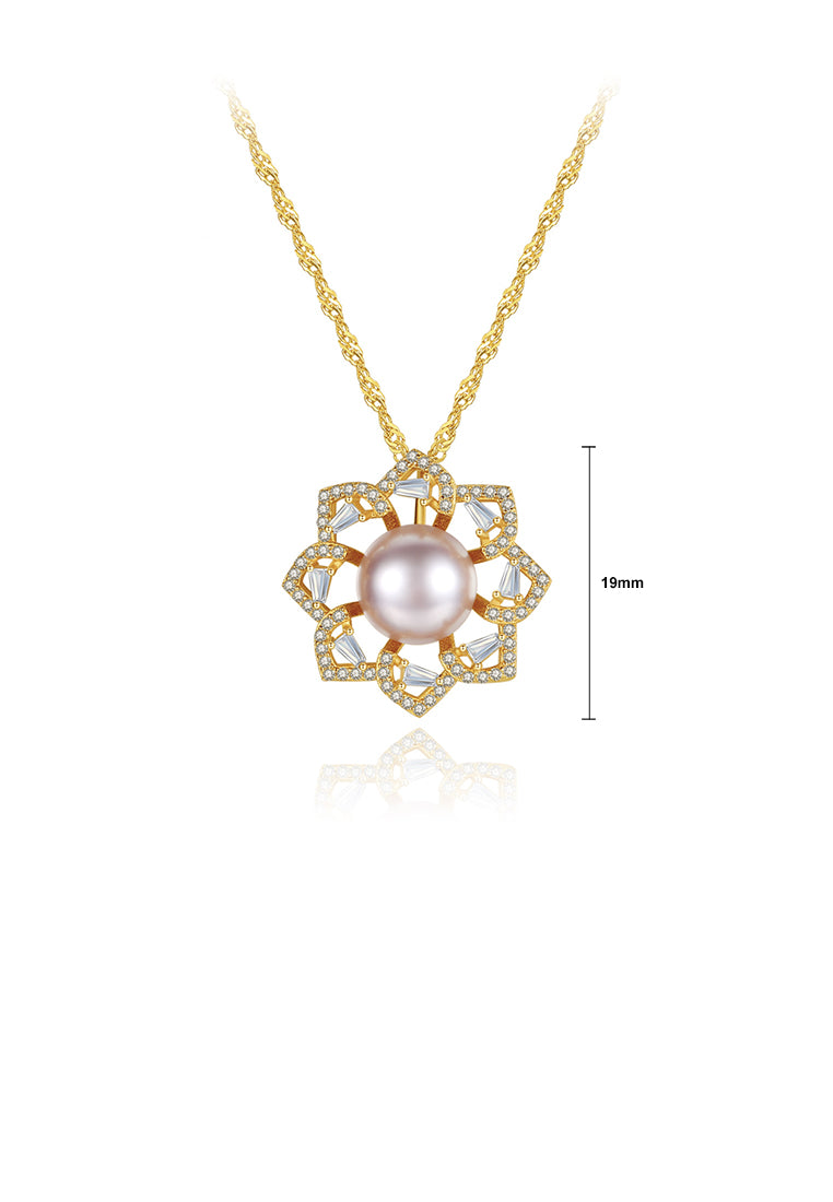 925 Sterling Silver Plated Gold Fashion Elegant Flowers Purple Freshwater Pearl Pendant with Cubic Zirconia and Necklace - Luxurious Look