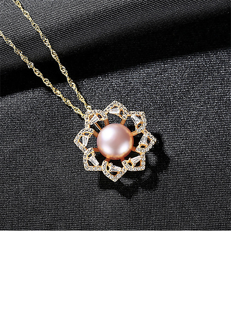 925 Sterling Silver Plated Gold Fashion Elegant Flowers Purple Freshwater Pearl Pendant with Cubic Zirconia and Necklace - Luxurious Look