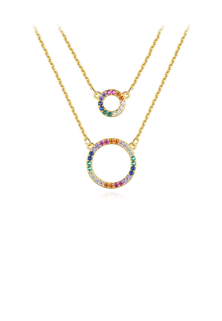 925 Sterling Silver Plated Gold Simple and Fashionable Hollow Geometric Circle Pendant with Cubic Zirconia and Double Necklace - Luxurious Look