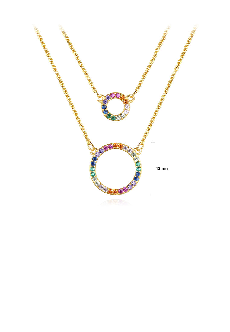 925 Sterling Silver Plated Gold Simple and Fashionable Hollow Geometric Circle Pendant with Cubic Zirconia and Double Necklace - Luxurious Look