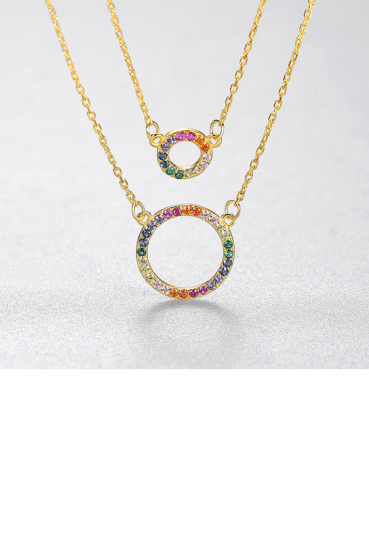 925 Sterling Silver Plated Gold Simple and Fashionable Hollow Geometric Circle Pendant with Cubic Zirconia and Double Necklace - Luxurious Look