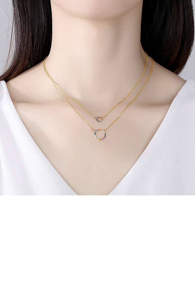 925 Sterling Silver Plated Gold Simple and Fashionable Hollow Geometric Circle Pendant with Cubic Zirconia and Double Necklace - Luxurious Look