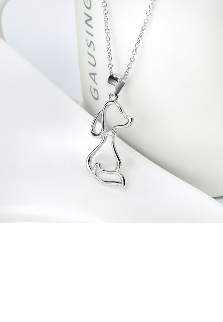 925 Sterling Silver Simple Cute Dog Pendant with Cubic Zirconia and Necklace - Luxurious Look
