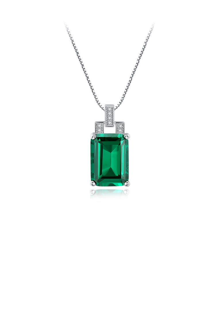 925 Sterling Silver Elegant Fashion Geometric Rectangular Green Cubic Zircon Pendant with Necklace