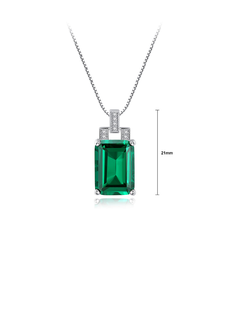 925 Sterling Silver Elegant Fashion Geometric Rectangular Green Cubic Zircon Pendant with Necklace