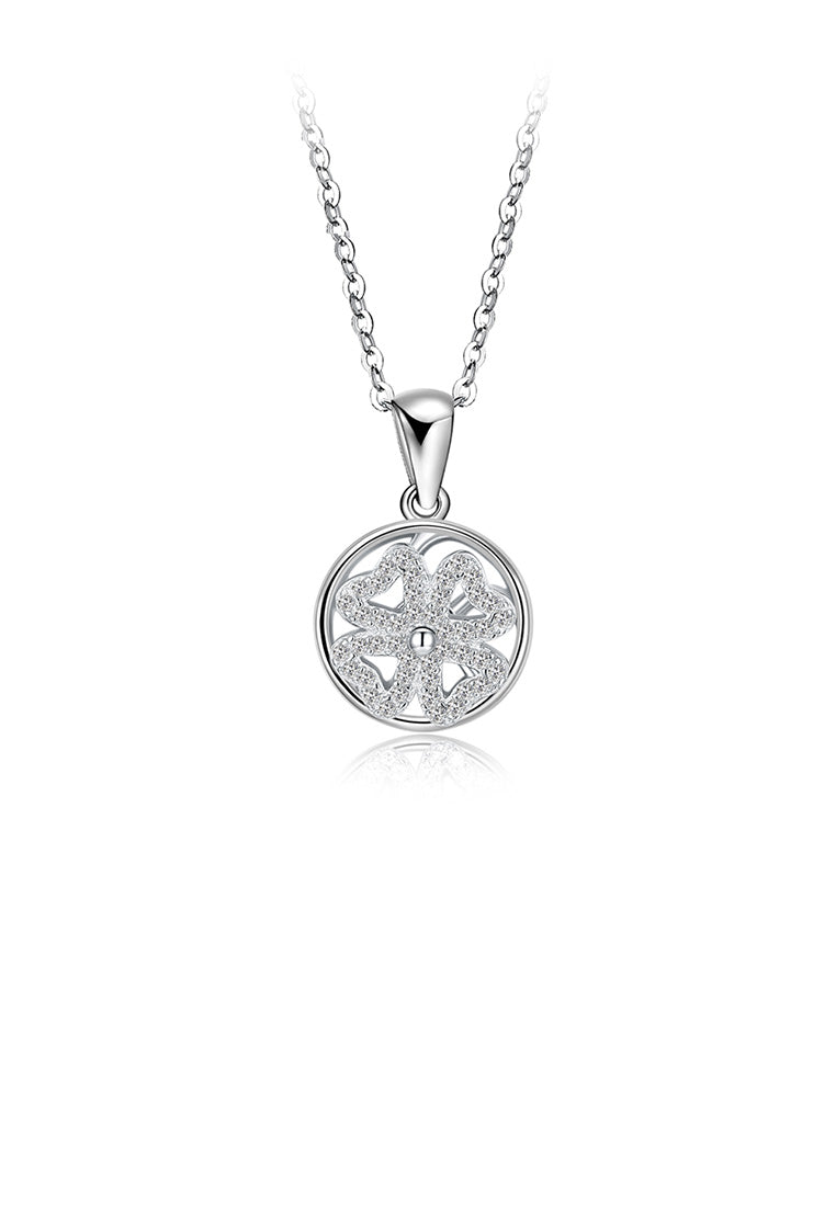 925 Sterling Silver Fashion Elegant Four-leafed Clover Round Pendant with Cubic Zircon and Necklace