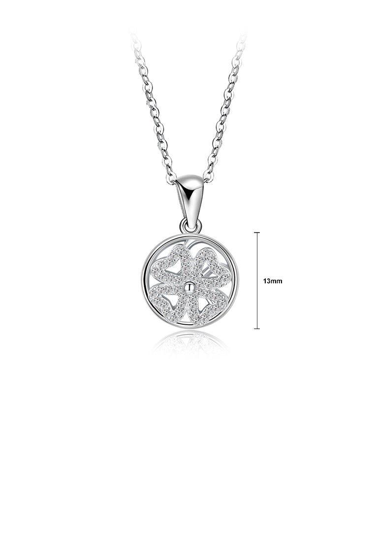 925 Sterling Silver Fashion Elegant Four-leafed Clover Round Pendant with Cubic Zircon and Necklace