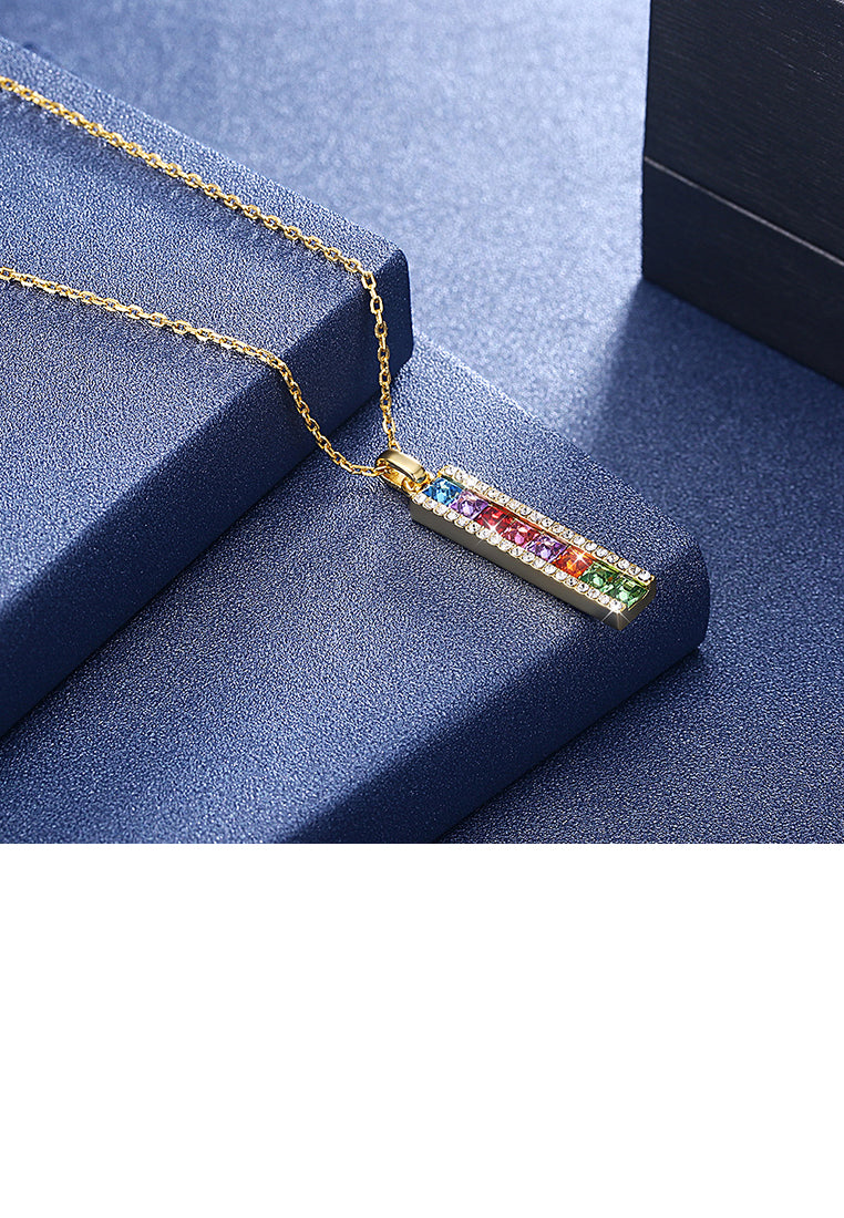 925 Sterling Silver Gold Plated Simple Elegant Fashion Rectangle Pendant Necklace with Austrian Element Crystal
