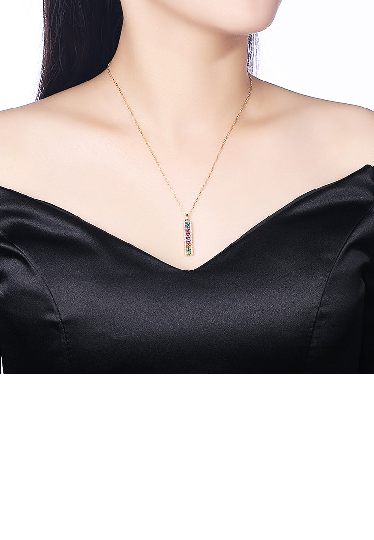 925 Sterling Silver Gold Plated Simple Elegant Fashion Rectangle Pendant Necklace with Austrian Element Crystal