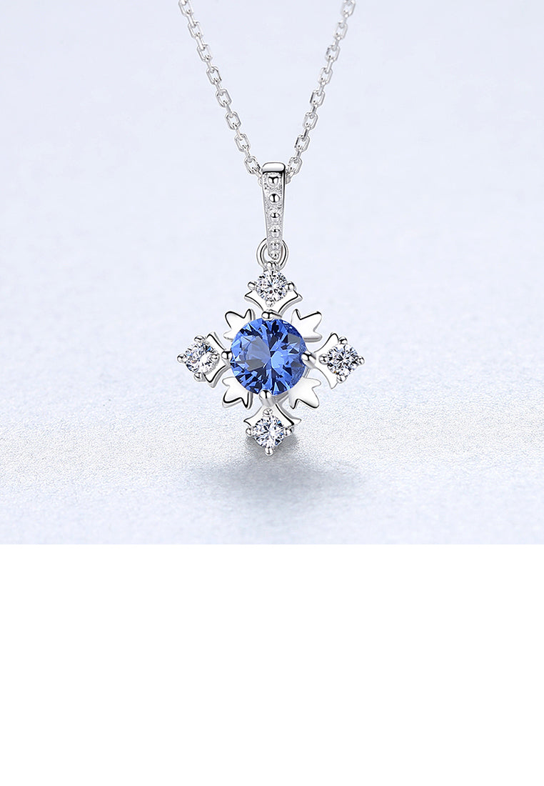 925 Sterling Silver Fashion and Elegant Snowflake Pendant with Blue Cubic Zirconia and Necklace - Luxurious Look