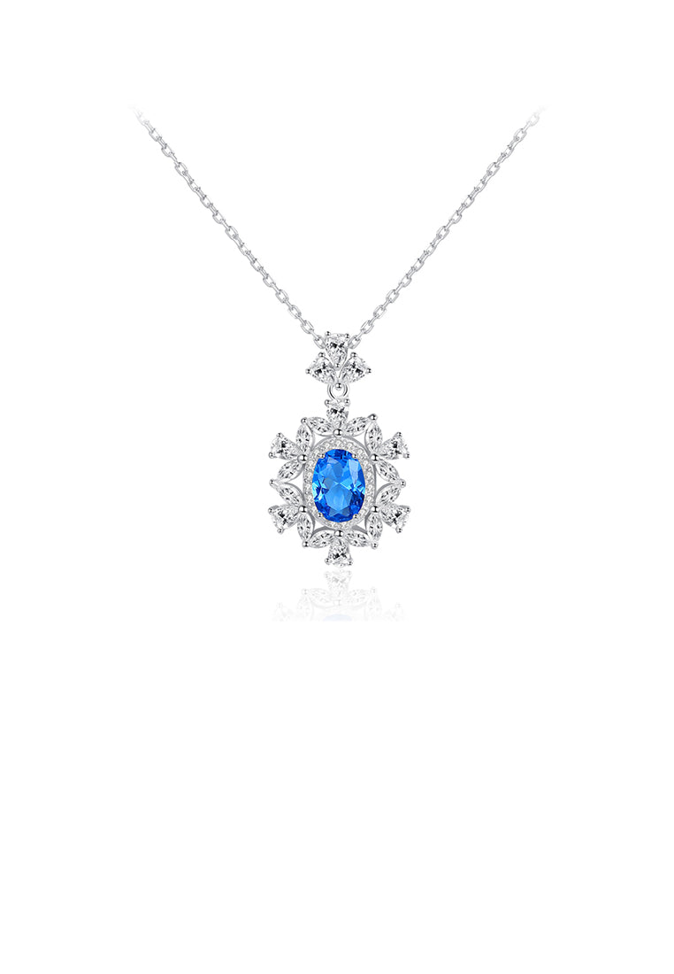 925 Sterling Silver Fashion and Elegant Geometric Pattern Blue Cubic Zirconia Pendant with Necklace - Luxurious Look