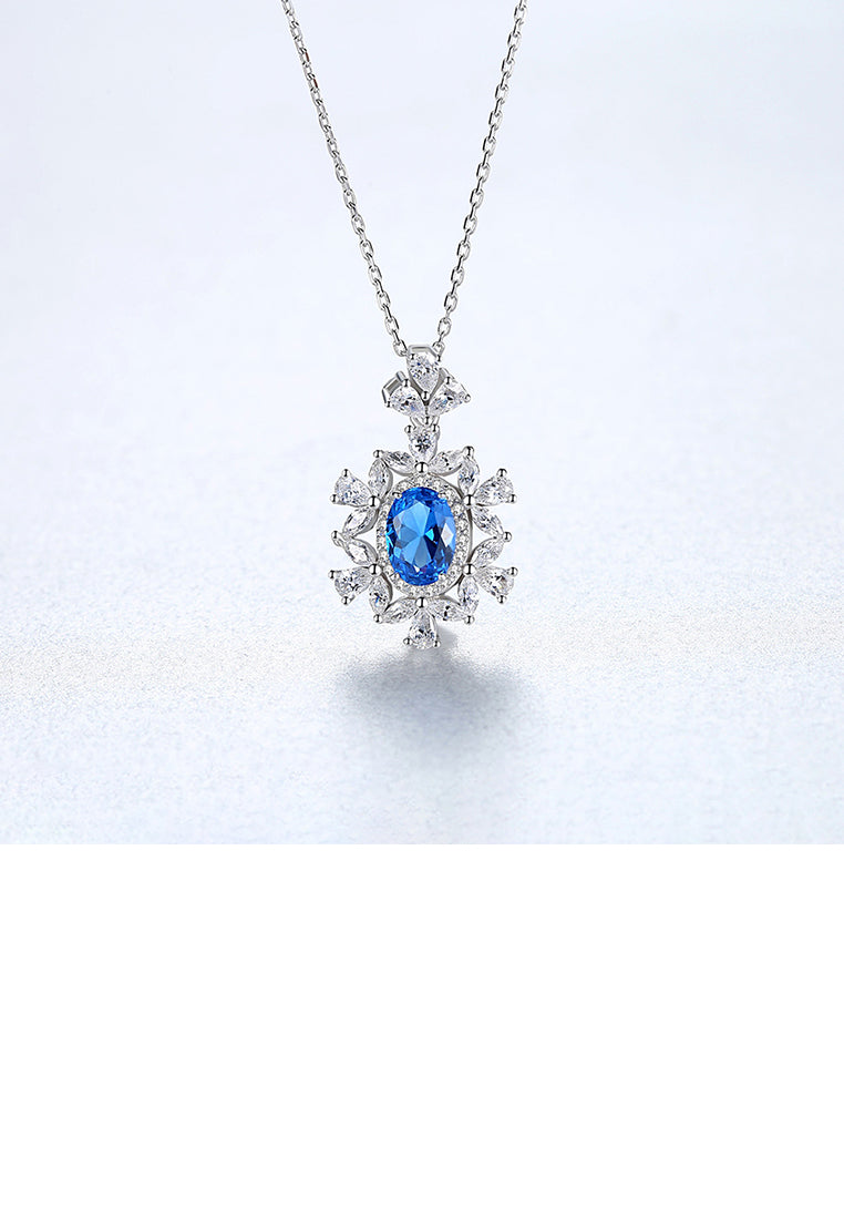 925 Sterling Silver Fashion and Elegant Geometric Pattern Blue Cubic Zirconia Pendant with Necklace - Luxurious Look