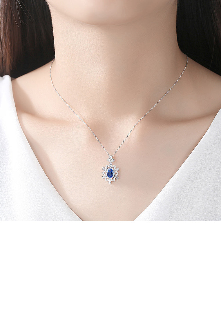 925 Sterling Silver Fashion and Elegant Geometric Pattern Blue Cubic Zirconia Pendant with Necklace - Luxurious Look