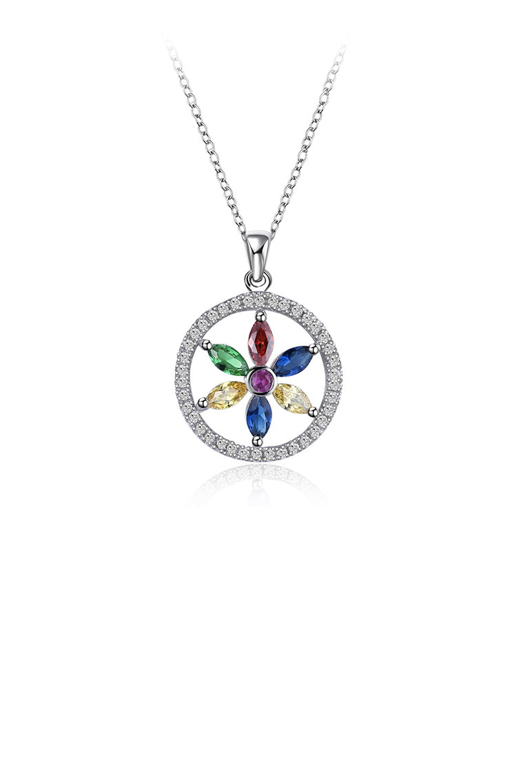 925 Sterling Silver Simple Geometric Round Flower Pendant with Colorful Cubic Zircon and Necklace