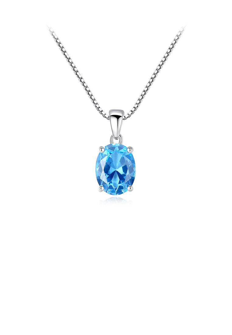 925 Sterling Silver Simple Fashion Geometric Oval Blue Cubic Zirconia Pendant with Necklace - Luxurious Look