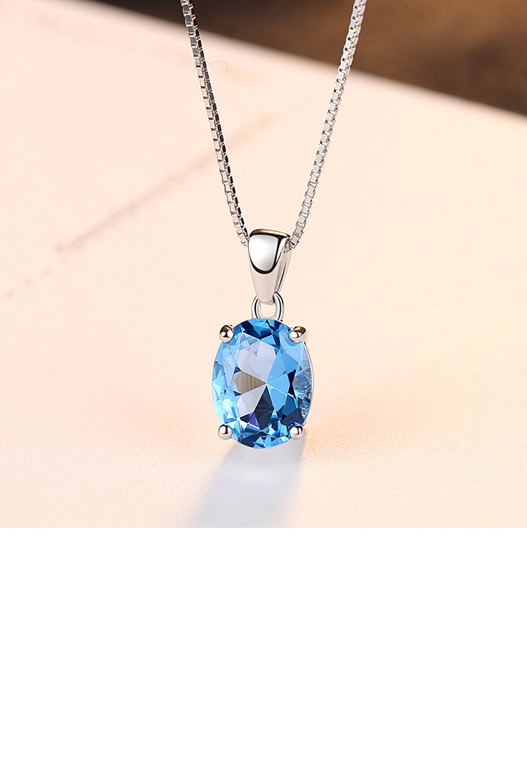 925 Sterling Silver Simple Fashion Geometric Oval Blue Cubic Zirconia Pendant with Necklace - Luxurious Look