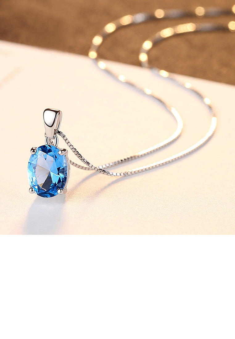 925 Sterling Silver Simple Fashion Geometric Oval Blue Cubic Zirconia Pendant with Necklace - Luxurious Look
