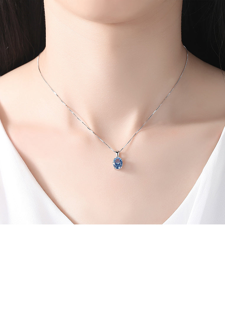 925 Sterling Silver Simple Fashion Geometric Oval Blue Cubic Zirconia Pendant with Necklace - Luxurious Look
