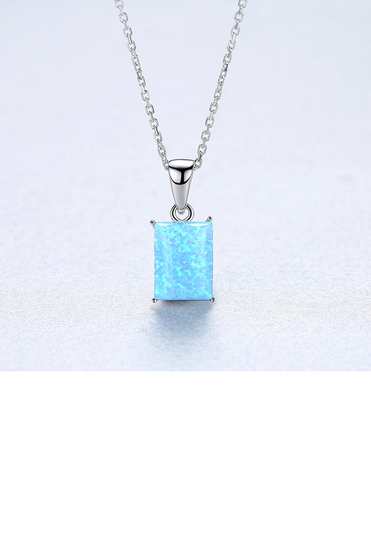 925 Sterling Silver Simple Fashion Geometric Blue Imitation Opal Pendant with Necklace
