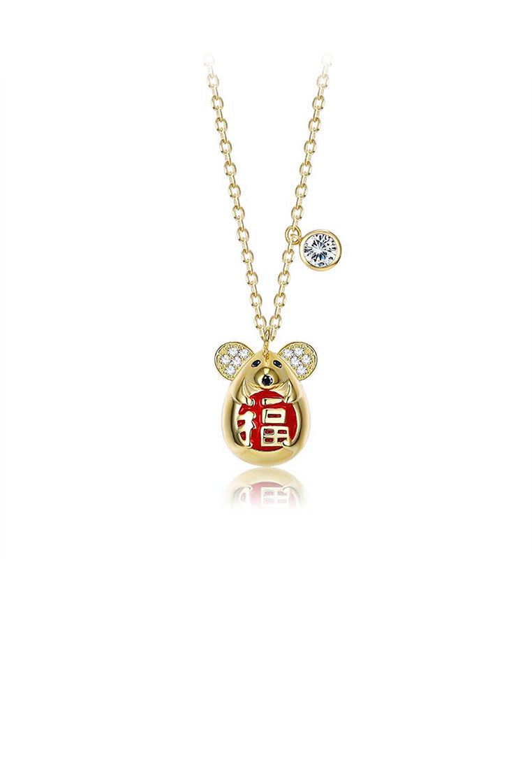 925 Sterling Silver Plated Gold Fashion Cute Mouse Pendant with Cubic Zircon and Necklace