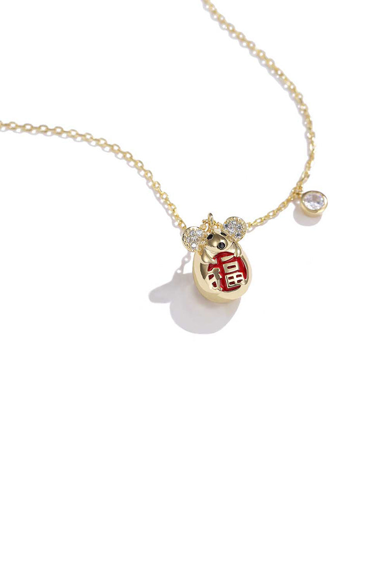925 Sterling Silver Plated Gold Fashion Cute Mouse Pendant with Cubic Zircon and Necklace