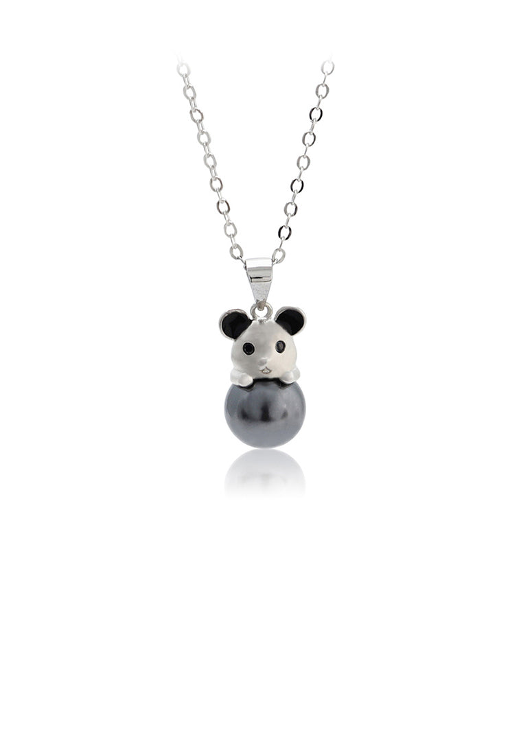 925 Sterling Silver Simple Cute Mouse Black Freshwater Pearl Pendant with Necklace - Luxurious Look