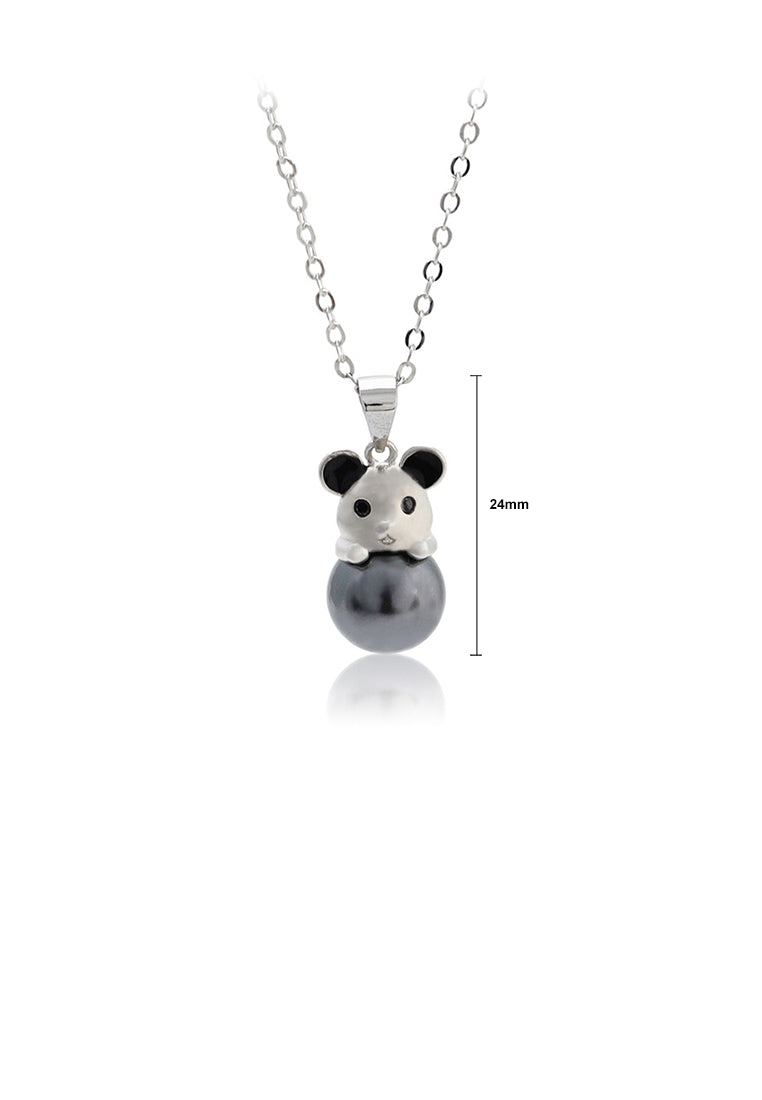 925 Sterling Silver Simple Cute Mouse Black Freshwater Pearl Pendant with Necklace - Luxurious Look