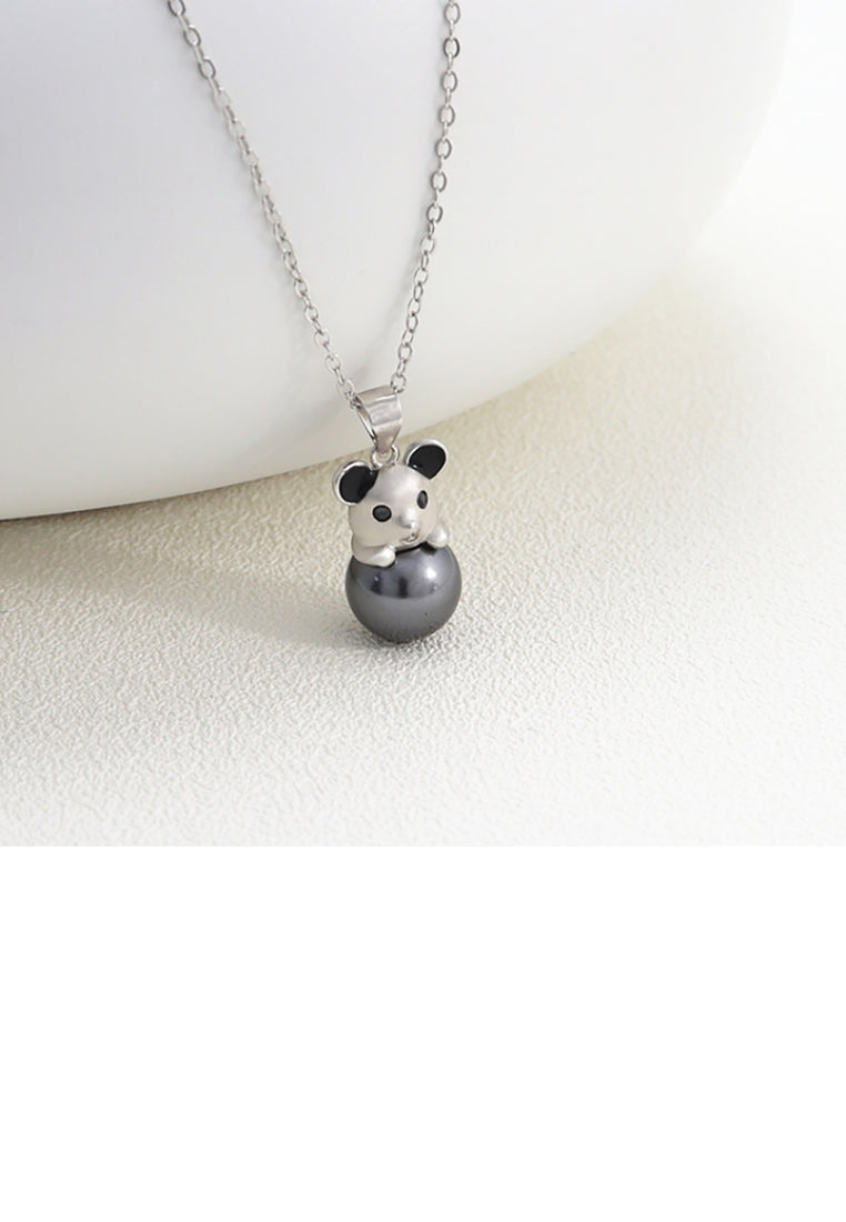 925 Sterling Silver Simple Cute Mouse Black Freshwater Pearl Pendant with Necklace - Luxurious Look