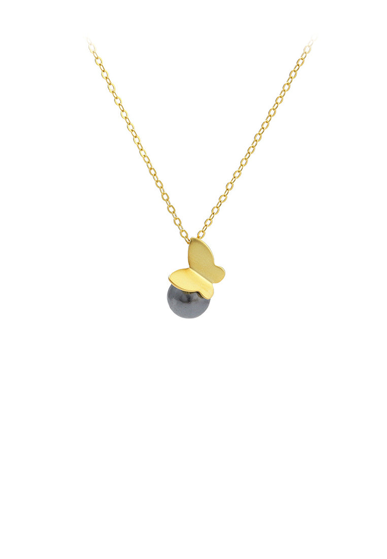 925 Sterling Silver Plated Gold Fashion Elegant Butterfly Black Freshwater Pearl Pendant with Necklace - Luxurious Look
