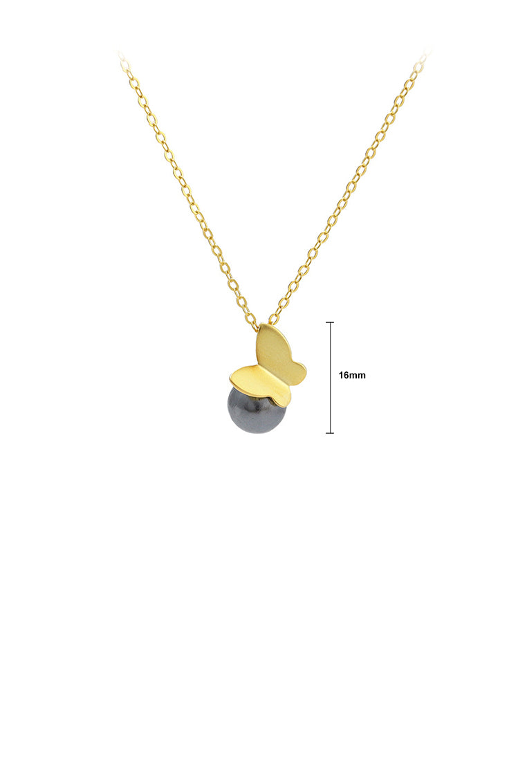 925 Sterling Silver Plated Gold Fashion Elegant Butterfly Black Freshwater Pearl Pendant with Necklace - Luxurious Look