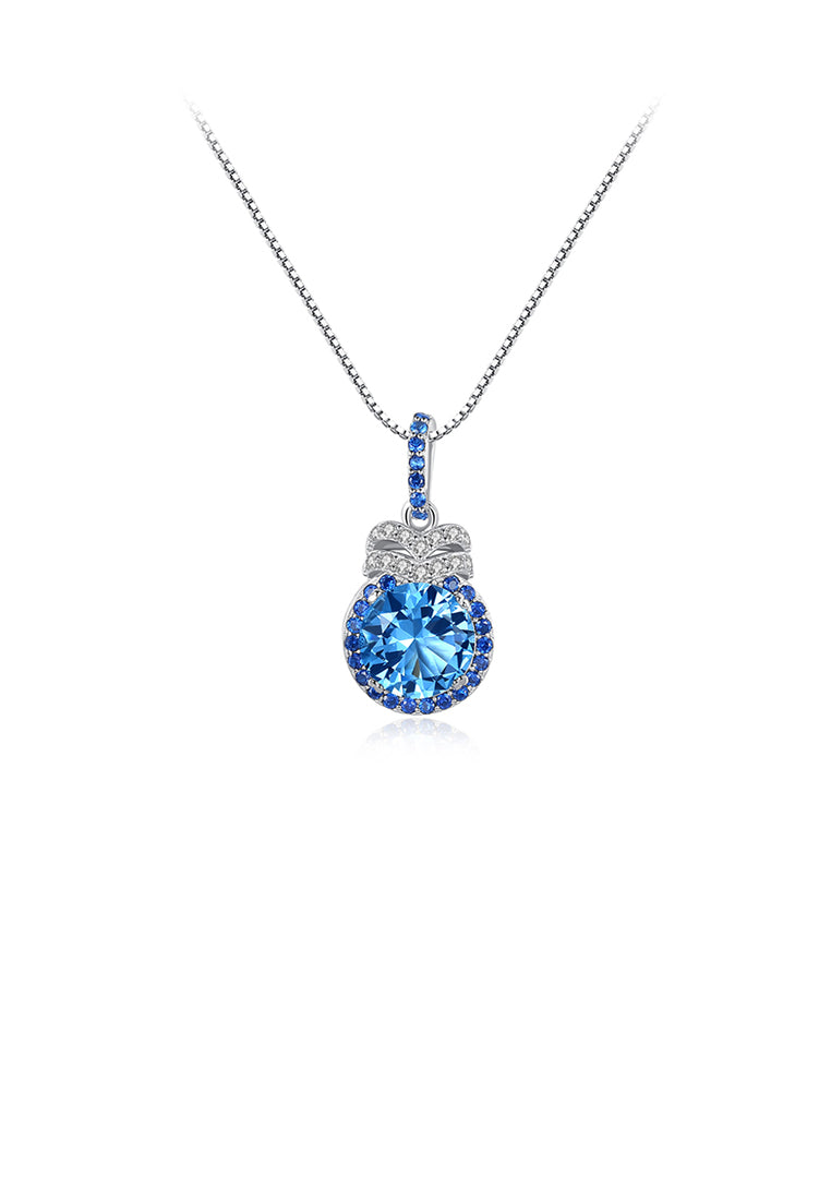 925 Sterling Silver Simple and Fashion Geometric Round Blue Cubic Zirconia Pendant with Necklace - Luxurious Look