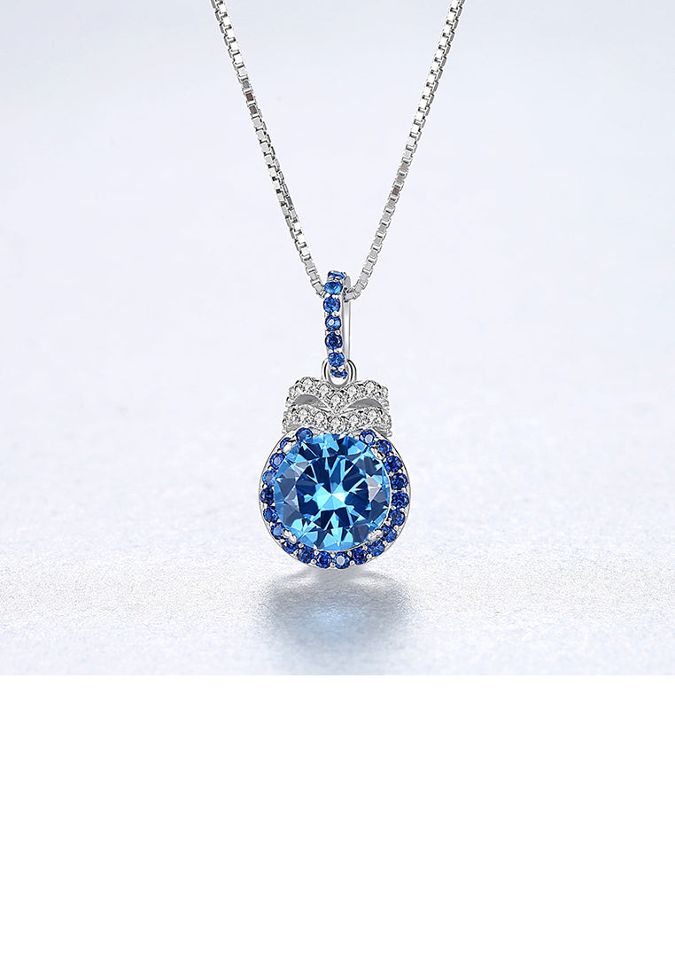 925 Sterling Silver Simple and Fashion Geometric Round Blue Cubic Zirconia Pendant with Necklace - Luxurious Look