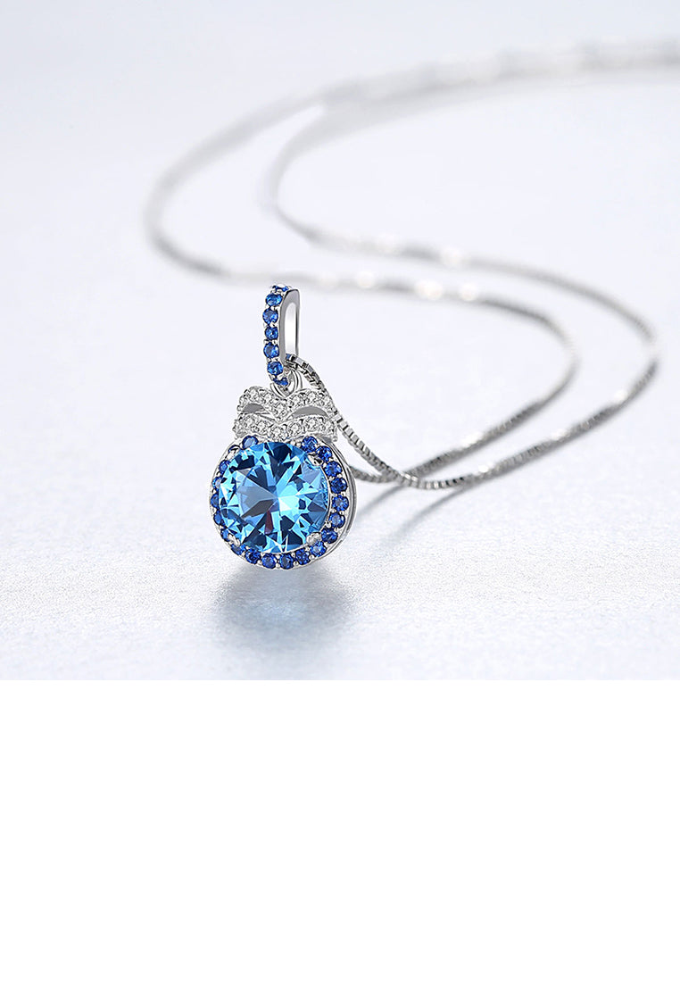 925 Sterling Silver Simple and Fashion Geometric Round Blue Cubic Zirconia Pendant with Necklace - Luxurious Look