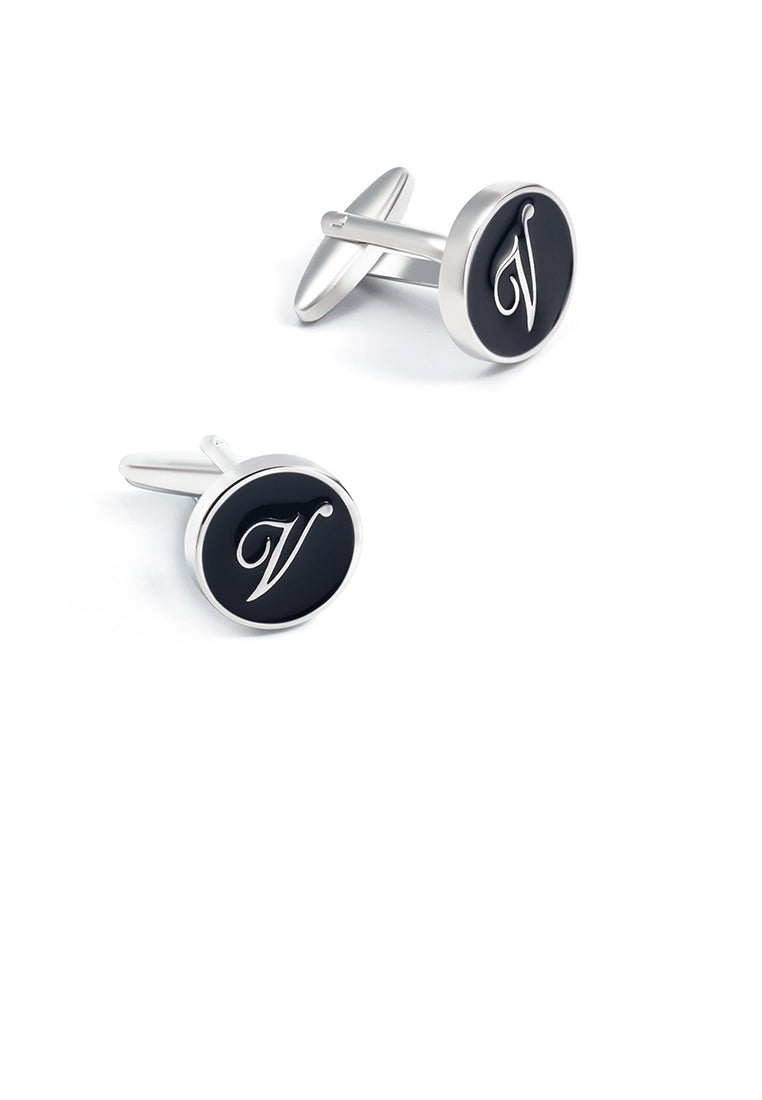 Fashion Simple English Alphabet V Black Geometric Round Cufflinks
