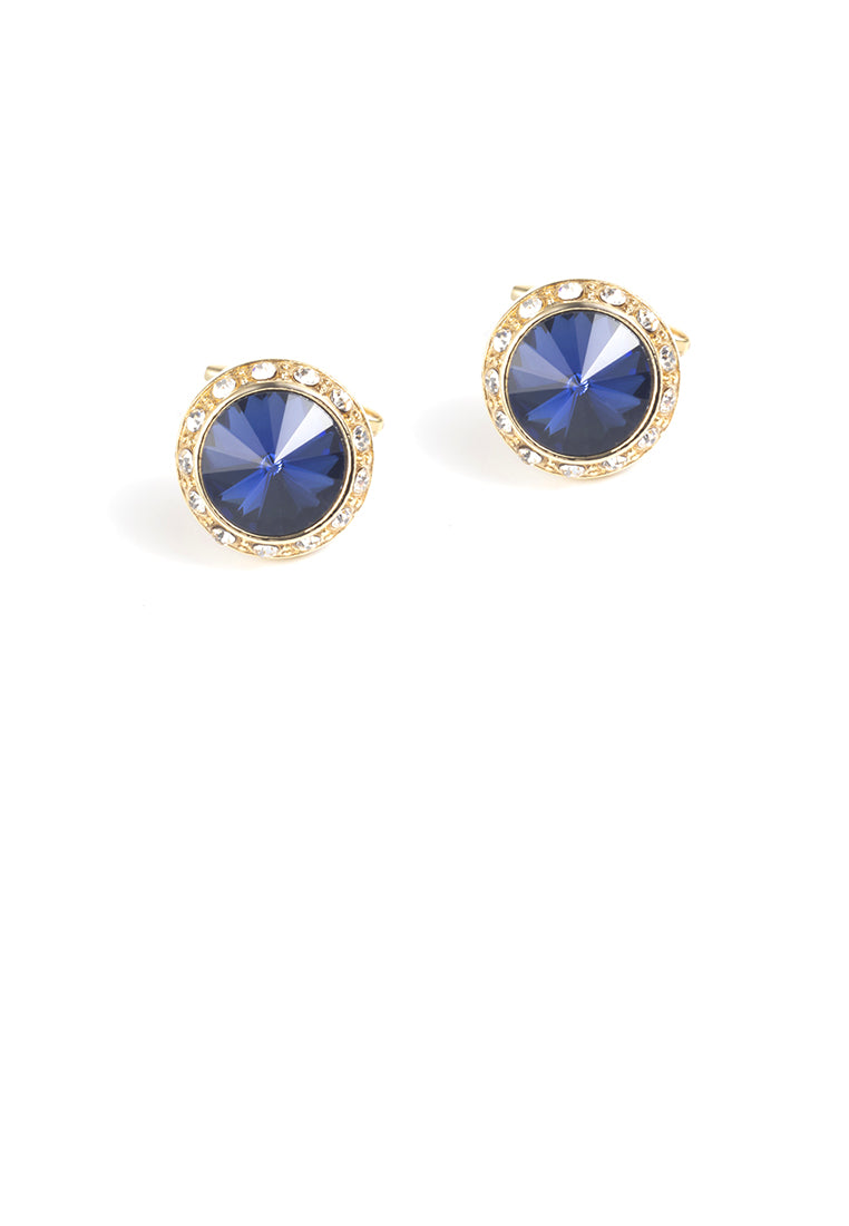 Fashion Simple Plated Gold Geometric Round Cufflinks with Blue Cubic Zirconia - Luxurious Look