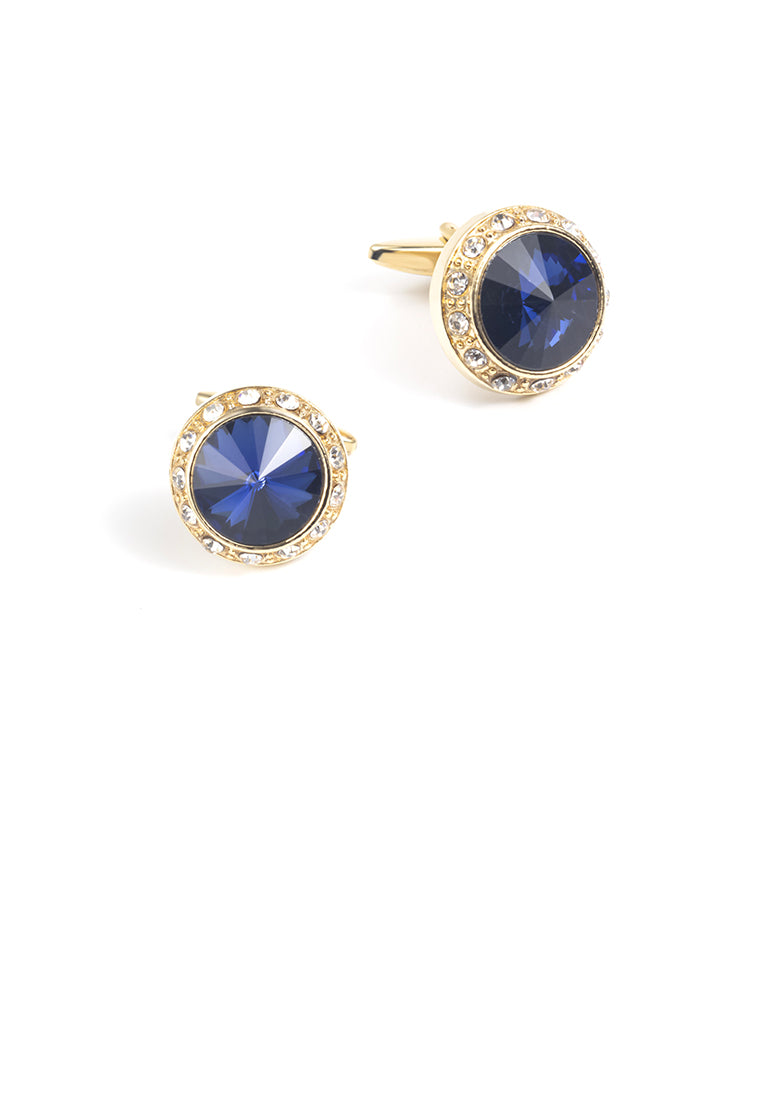 Fashion Simple Plated Gold Geometric Round Cufflinks with Blue Cubic Zirconia - Luxurious Look