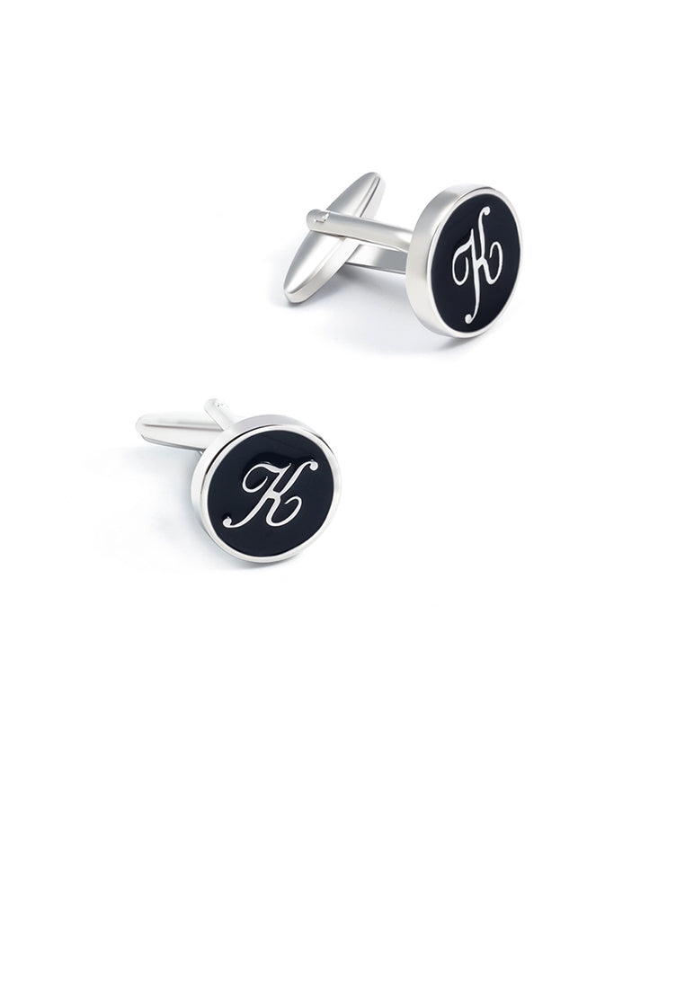 Fashion Simple English Alphabet K Black Geometric Round Cufflinks