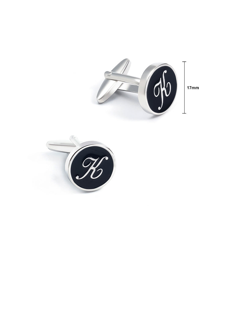 Fashion Simple English Alphabet K Black Geometric Round Cufflinks