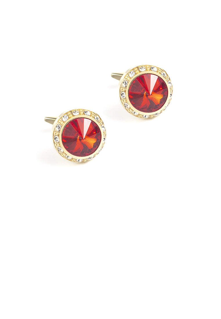 Fashion Simple Plated Gold Geometric Round Cufflinks with Red Cubic Zirconia - Luxurious Look - Vibrant Color