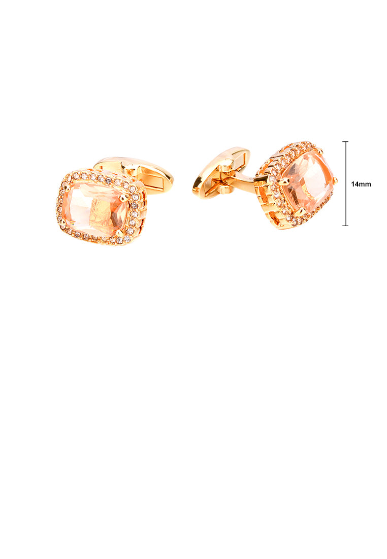 Elegant Bright Plated Gold Geometric Cufflinks with Champagne Cubic Zirconia - Luxurious Look