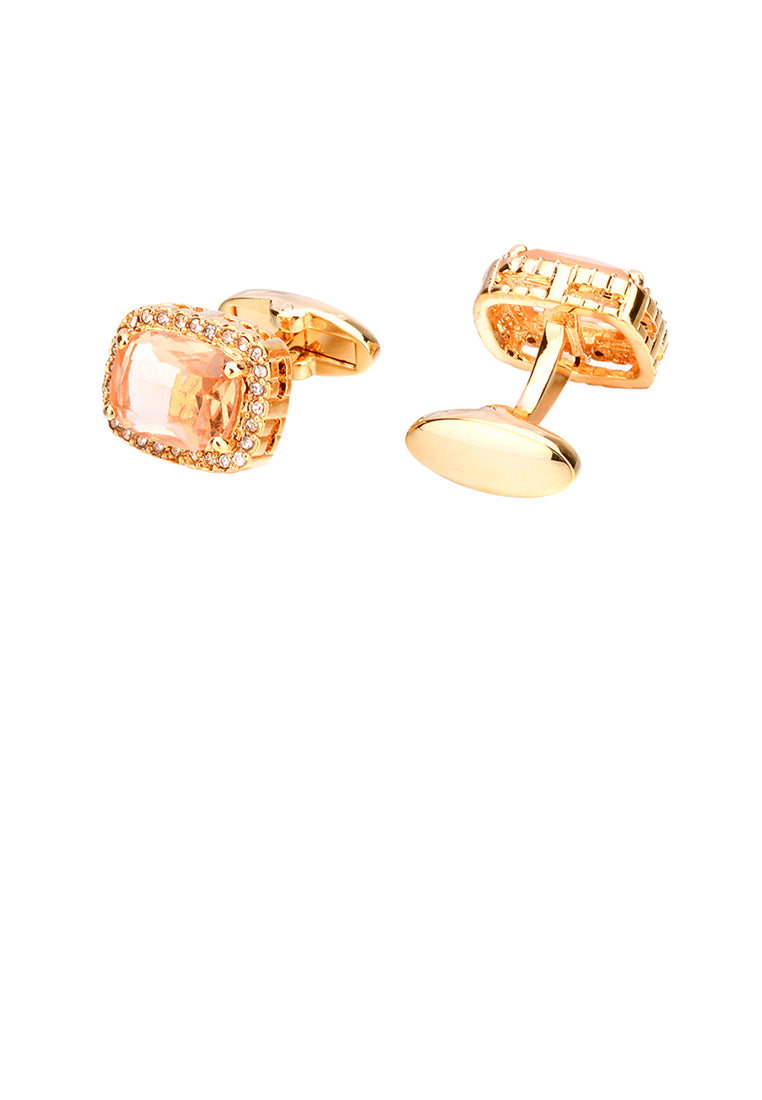 Elegant Bright Plated Gold Geometric Cufflinks with Champagne Cubic Zirconia - Luxurious Look